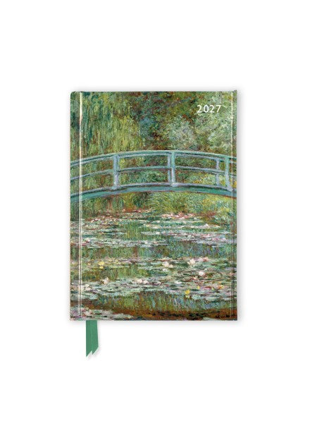Calendar with a design of a bridge over water lilies, featuring the year 2027.