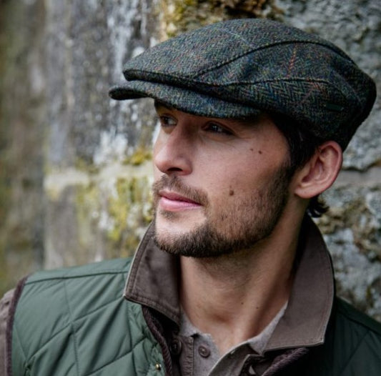 Irish Driving Cap Dark Green Black Herringbone  - Size S