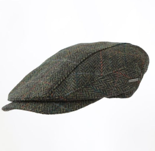 Irish Driving Cap Dark Green Black Herringbone  - Size M