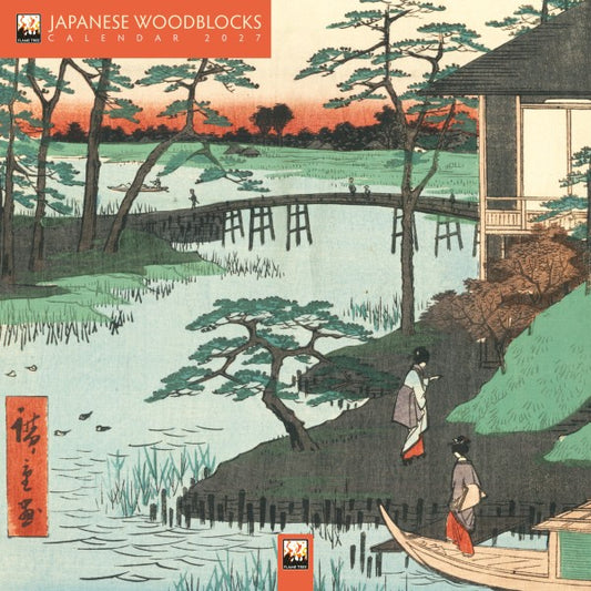 Japanese woodblock print-style calendar cover with a scenic landscape and traditional architecture.