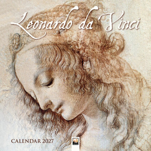 Leonardo da Vinci calendar cover with a detailed drawing of a head on a beige background.