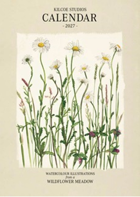 Kilcoe Studios 2027 Calendar cover featuring a watercolor illustration of wildflowers in a meadow on a cream background.