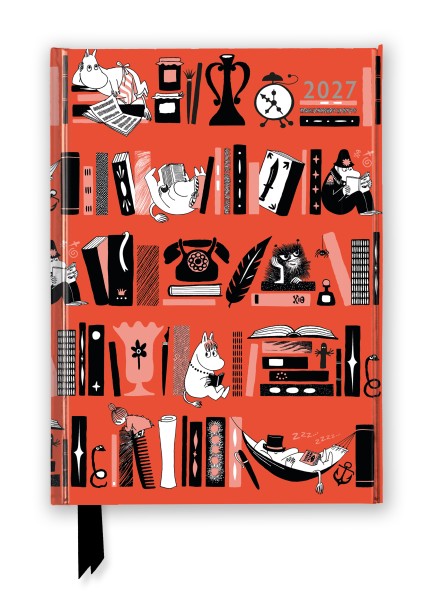 A hardcover 2027 notebook featuring a vibrant orange cover decorated with black and white illustrations of Moomin characters, books, and objects, complete with a black ribbon bookmark.