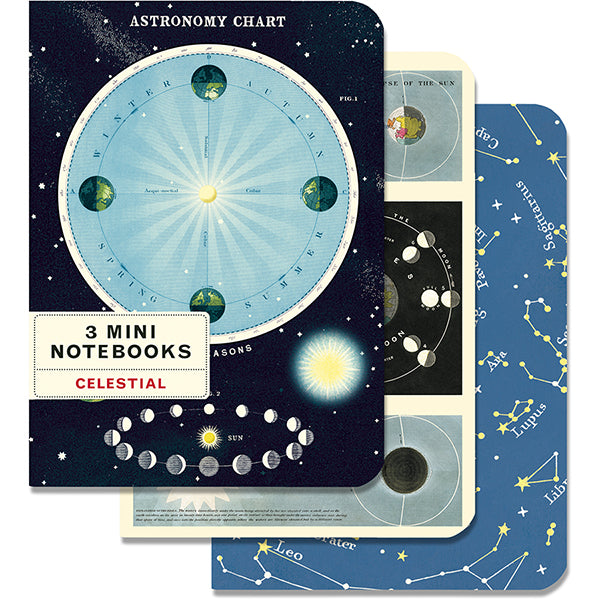Set of three mini notebooks with celestial designs on a white background