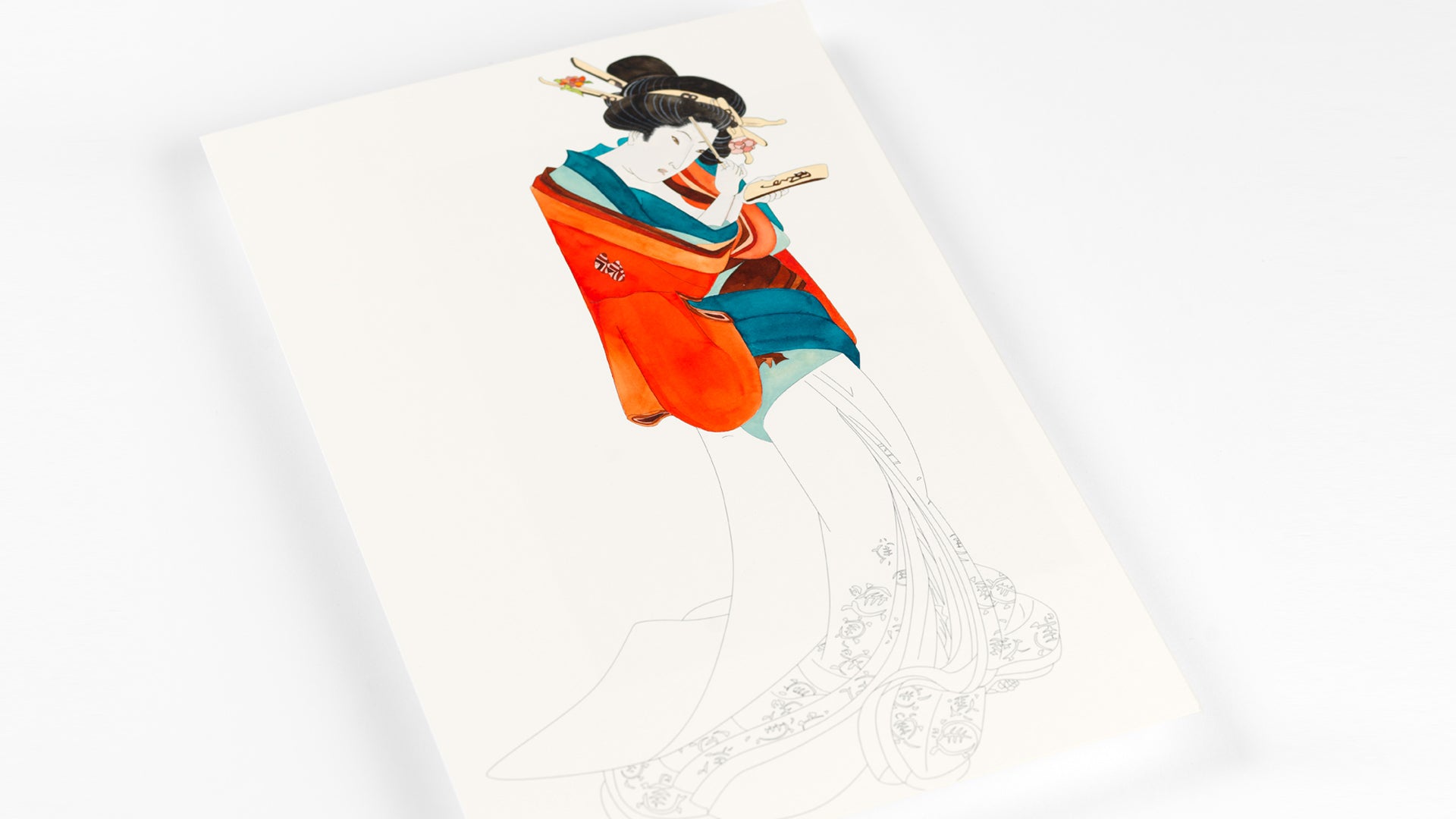 Half-finished watercolour painting of a Japanese woman. 