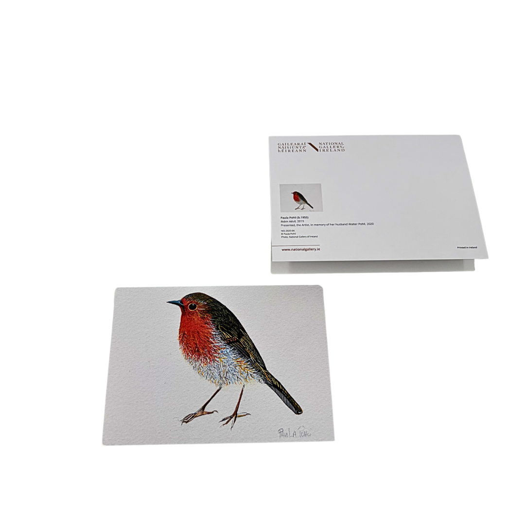 A small art print or postcard featuring a painted robin bird, shown with its white backing card on a clean white background. The card has a textured white surface and the backing card includes text from the National Trust and a small robin illustration.