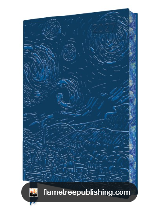 A 2027 daily planner with a blue embossed cover featuring a swirling, starry landscape design inspired by Van Gogh's 'Starry Night'. The spine is patterned with blue and white waves, and a watermark banner for 'flametreepublishing.