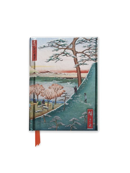 A hardcover notebook featuring a classic Japanese ukiyo-e woodblock print of a winter landscape with a snow-covered hill, trees, and figures. The notebook has a red ribbon bookmark hanging from the bottom.