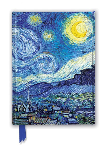 A hardcover notebook featuring Vincent van Gogh's 'The Starry Night' painting on the cover, with a blue ribbon bookmark hanging from the bottom.
