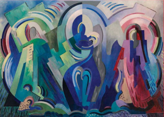 A flat, cubist painting of three figures. The left is green, the middle is blue and holds a baby, and the right pink and purple. They are made up of various shapes giving only the outline of people.
