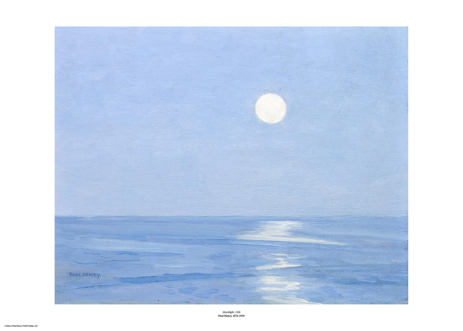 A clear blue sky takes up two thirds of the painting with a small moon just right of centre. The lower third is a darker blue sea with the moon reflected on the surface. The painting is surrounded by a white border with its name and painter at bottom centre.