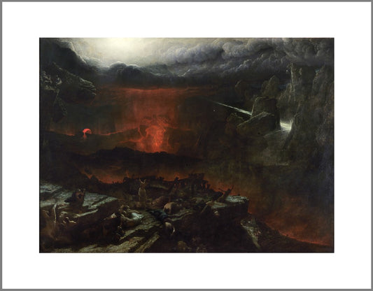 A large apocalyptic scene with dark clouds and the earth being split by red lava dominate the painting. In the foreground on a rocky outcrop people cower while a freed slave stands, arms raised to the sky.