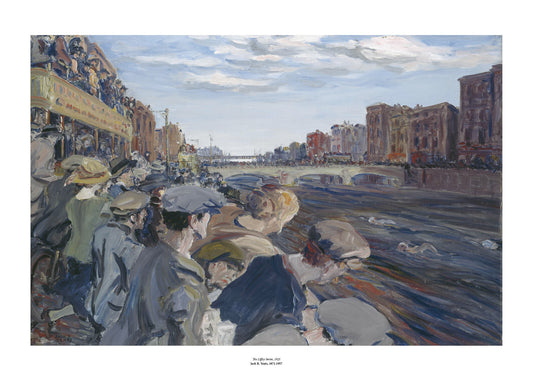 A city scene with a river cutting through most of the painting. Crowds are gathered along the streets and bridge watching others swim down the river. The painting is surrounded by a white border with its name and painter at bottom centre.