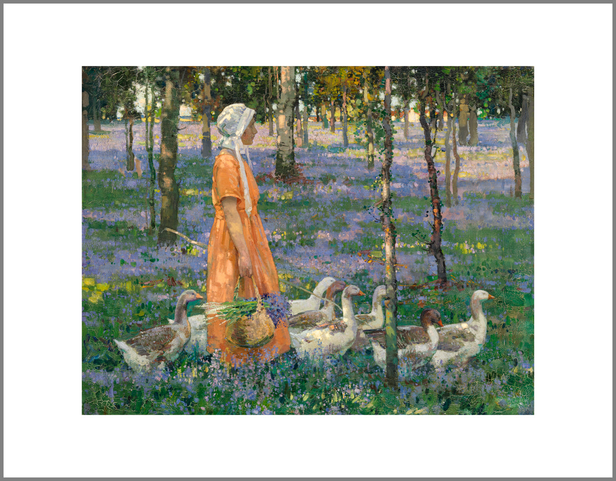 A woman in an orange dress and white bonnet walks through a woods where the forest floor is covered in purple flowers. She has a group of geese around her and carries a basket of the purple flowers.