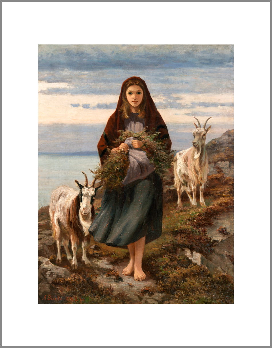 A classic style painting of a young woman standing barefoot on a rugged hillside. She wears a red shawl over her head and holds a large bundle of plants gathered in her apron. She is flanked on both sides by horned goats.