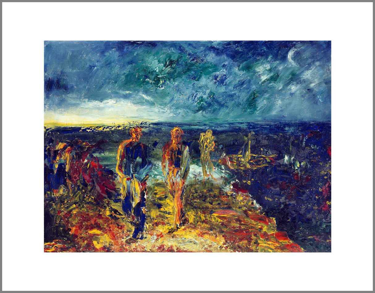 An expressionist painting with visible brush strokes and paint texture of three people moving towards the viewer after leaving a small boat. The sky and sea are dark blue while the men and land are strokes of red, yellow and orange.