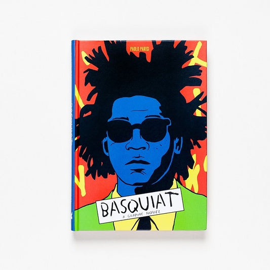 A brightly coloured illustration of Basquiat in primary colours. The title is in a white box at the bottom in stylised letters.