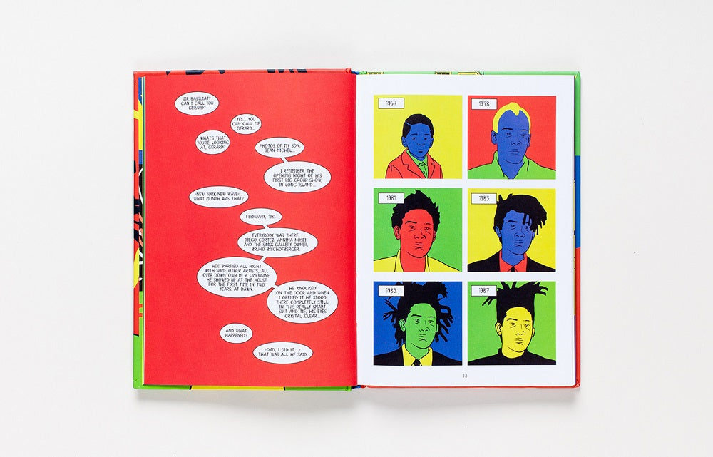 The left page is red with speech bubbles and the right is portraits of Basquiat across the years in primary colours.