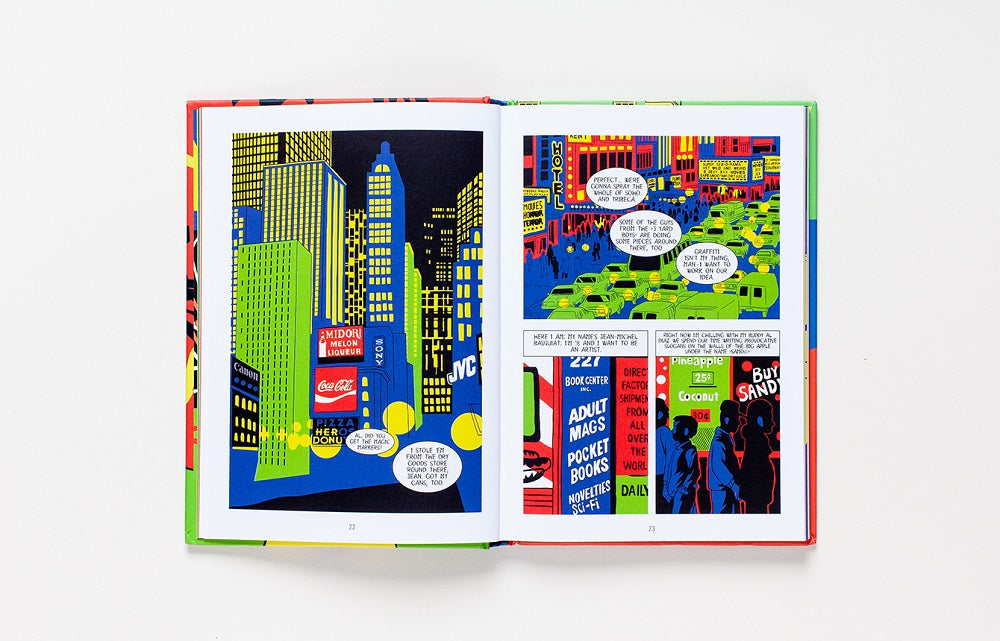 Comic panels of New York in primary colours with speech bubbles and text panels.