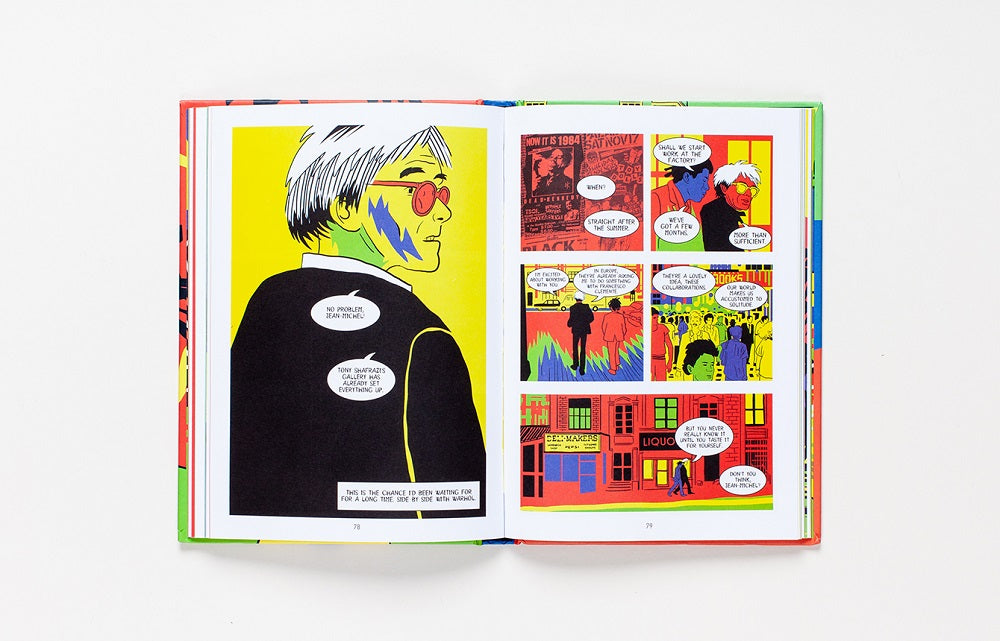 The left page is an illustration of Warhol and the right is panels him and Basquiat talking, all in primary colours.