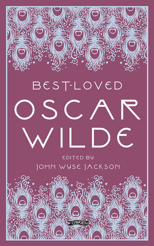 A purple cover with a pattern of blue peacock feathers coming down from the top and up from the bottom. The title is in the middle in white.