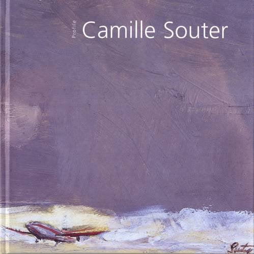 A textured lilac painting with a strip of clouds and a rough plane along the bottom. The title is in thin white across the top.