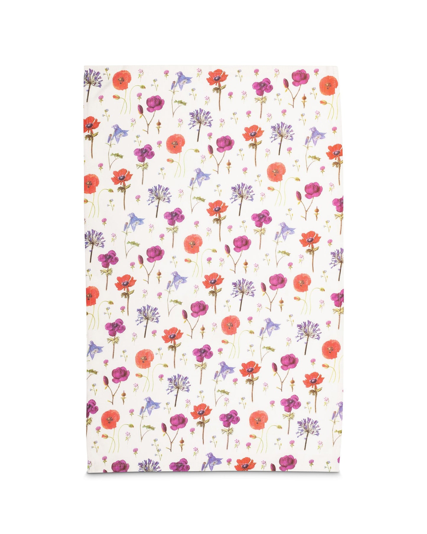 The rectangular tea towel laid out flat showing the repeating pattern of wildflowers.