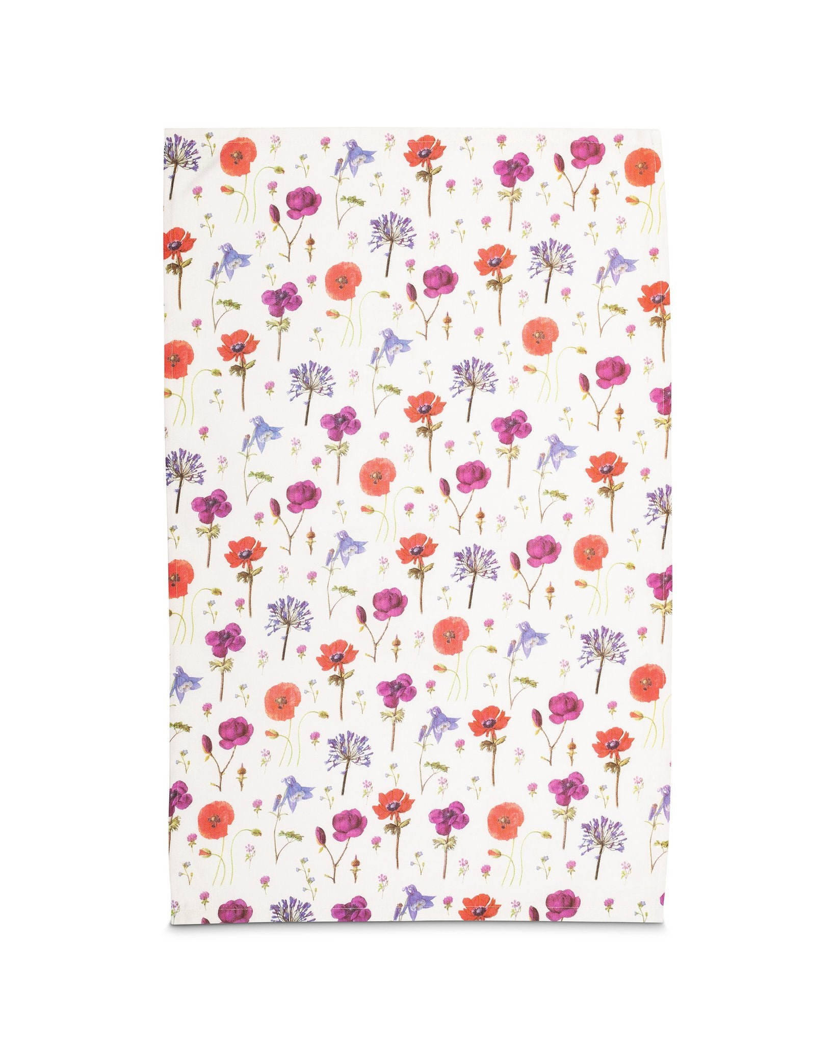 The rectangular tea towel laid out flat showing the repeating pattern of wildflowers.