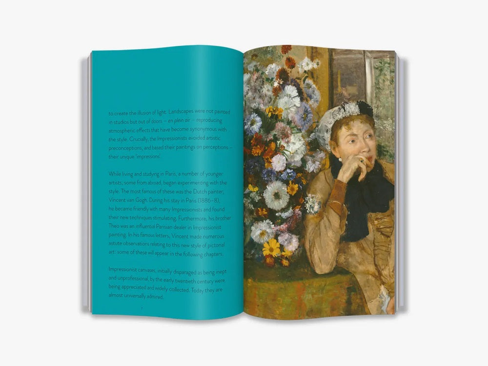 A two page spread. The left is blue with black text. The right is a painting of a woman sitting by a large bouquet of flowers.