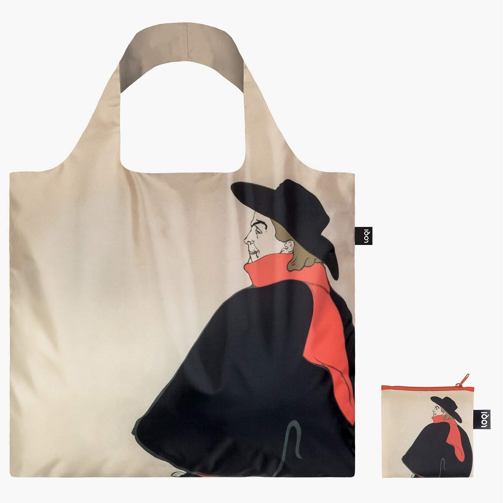 The back of the bag is a drawing of a man in black, with a black hat and red scarf. The matching pouch is beside it.