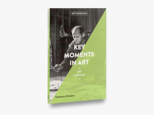 The cover is split diagonally. The top left section is a black and white photo of a man pouring paint on a canvas on the floor. The bottom right section is a spring green. The title is in the centre in white capital letters.