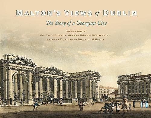 A sepia toned drawing of Dublin’s College Green facing the pillars of the central bank. The title is in white and blue above.