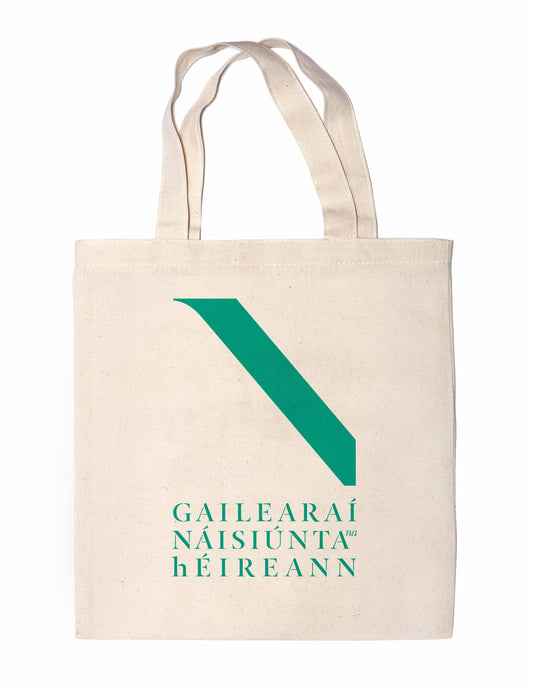 National Gallery of Ireland Tote Bag in Teal with Irish language logo displayed