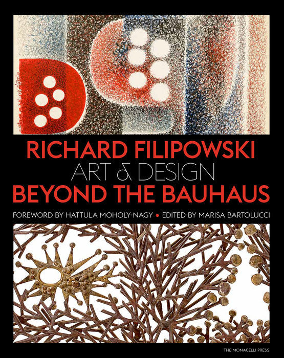 A black background with the title in the centre in red and white letters. Above is a painting of shapes in red, grey and white. Below is a photo of metal jewellery shaped like branches.