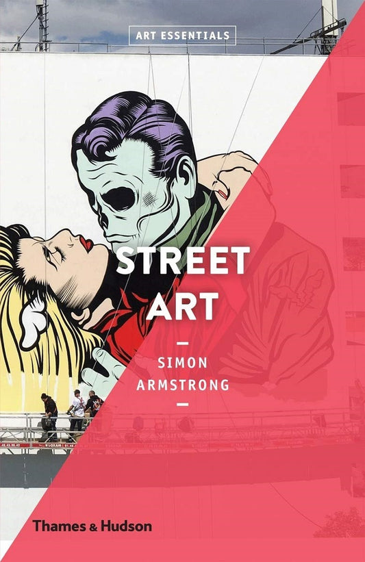 The cover is split diagonally. The top left section is a comic style image of a man with a skull face embracing a woman, painted on a wall. The bottom right section is red. The title is in the centre in white capital letters.