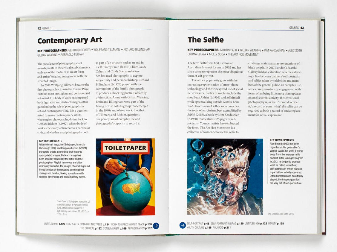 A two page spread from inside the book. Each page is about a different art movement with an example image and text including key artists and developments.